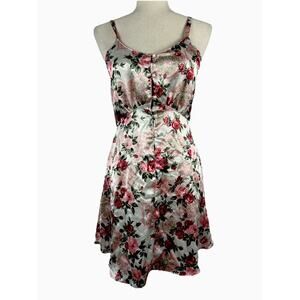 Vintage Kathryn Brand Floral Boho Button Up Satin Summer Tank Mini Dress